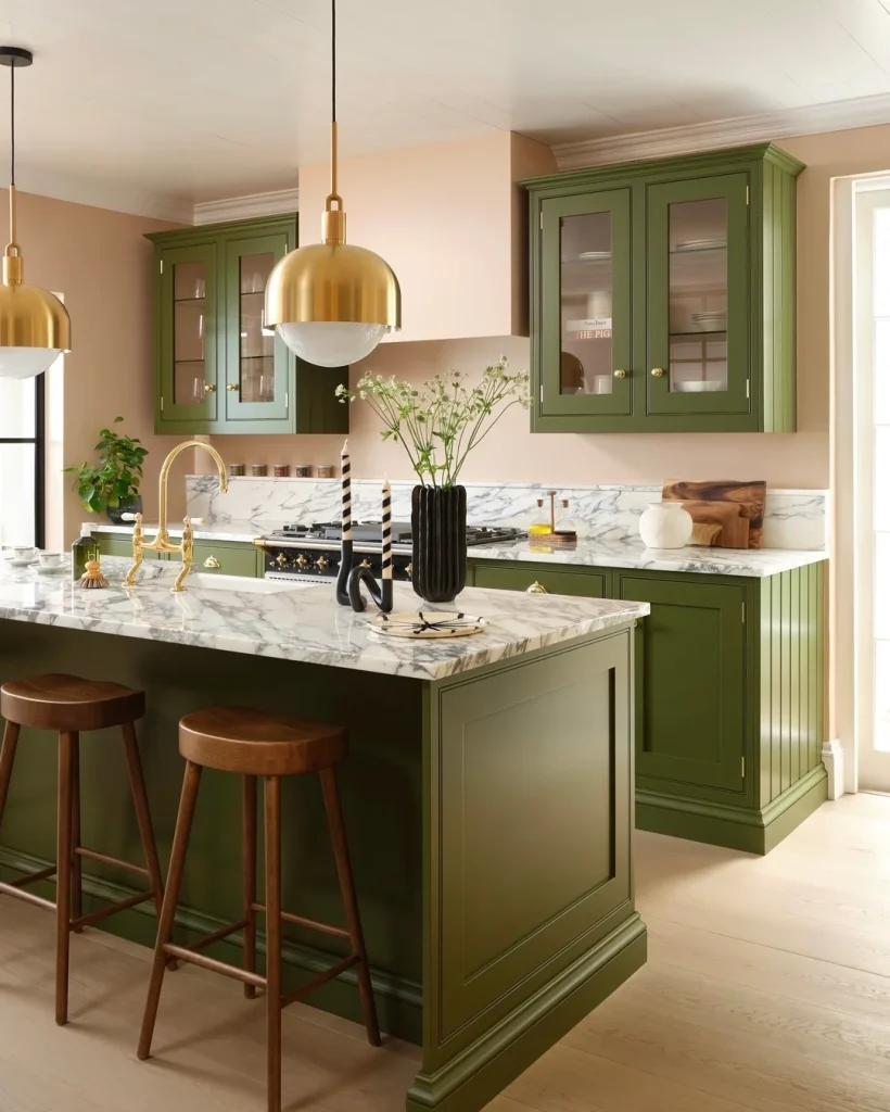 Green Kitchen with Wood Accents and Patterned Rug