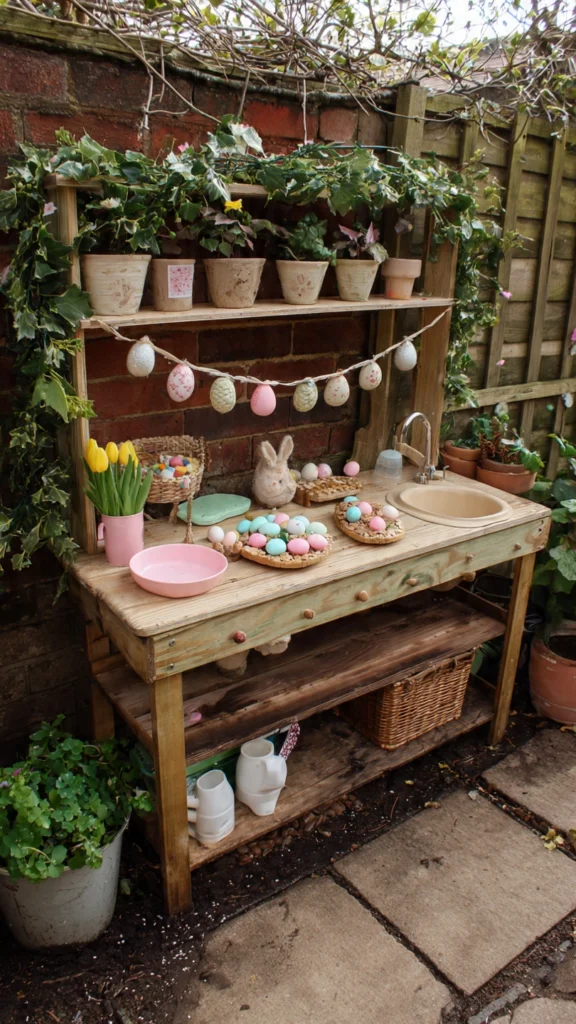 Easter-Themed Mud Kitchen with Garland and Treats