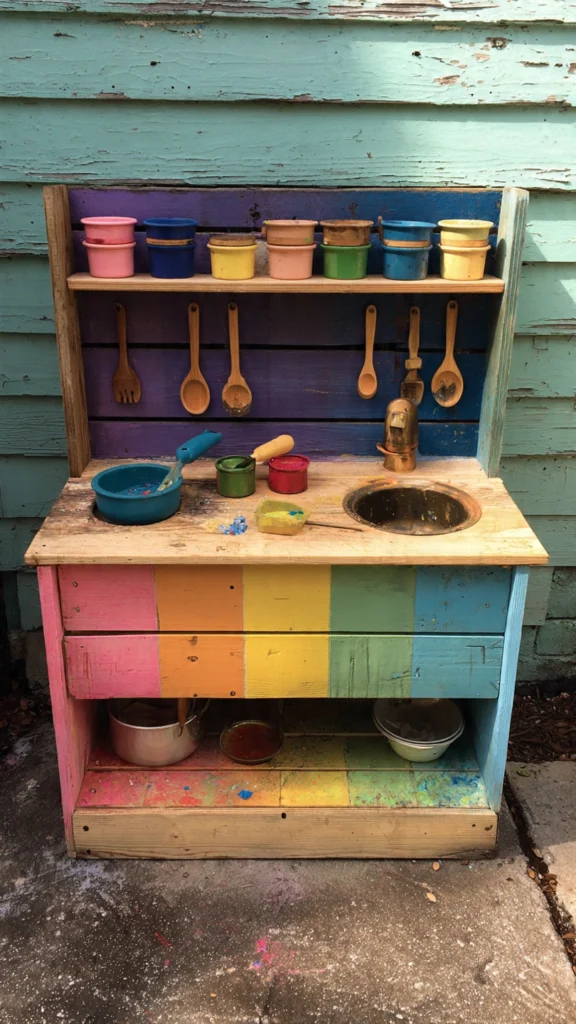 Rainbow-Themed Mud Kitchen for Colorful Play