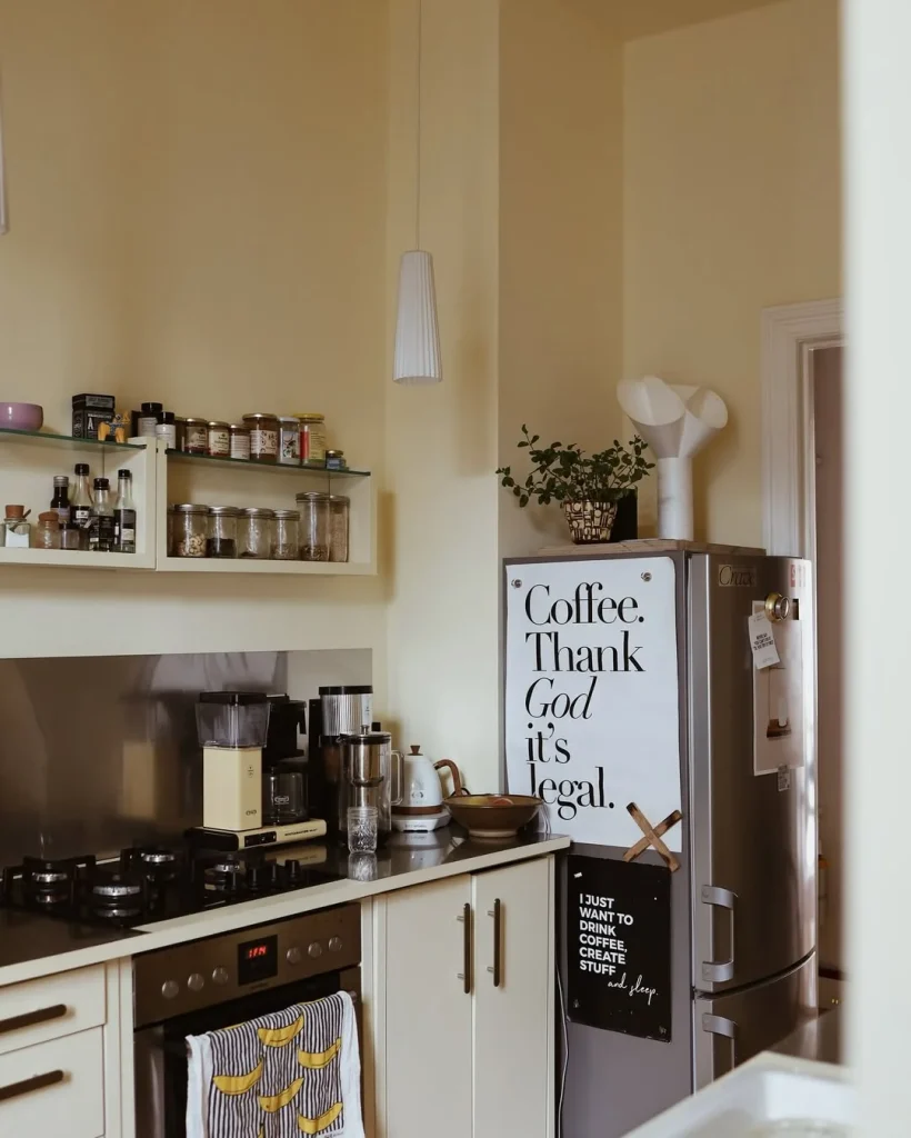 Butter Yellow Kitchen with Industrial Coffee Bar Vibe