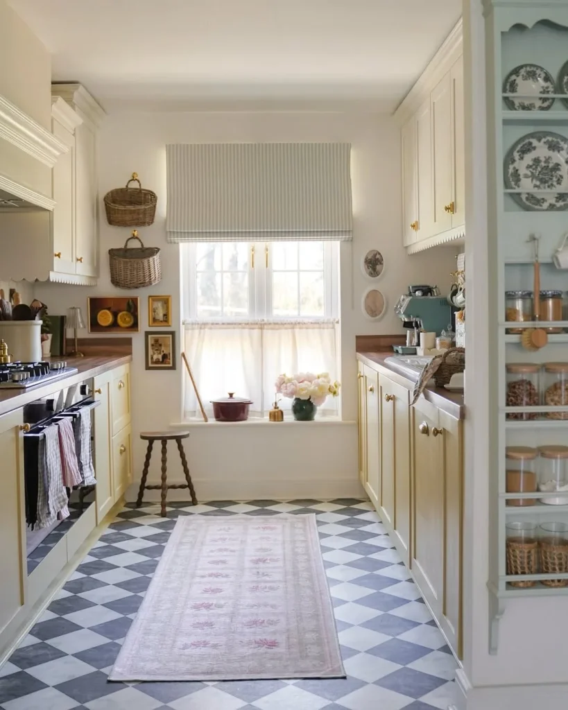 Classic Butter Yellow Galley Kitchen with Checkered Floors