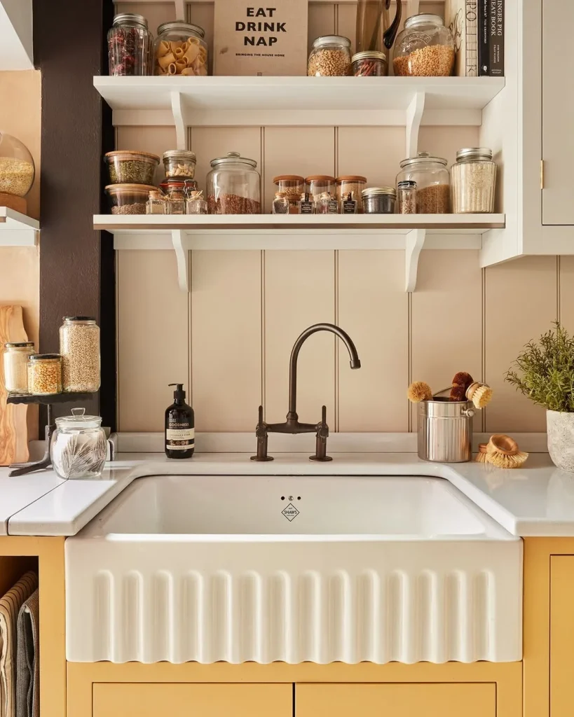 Cozy Butter Yellow Kitchen Sink Nook with Pantry Charm