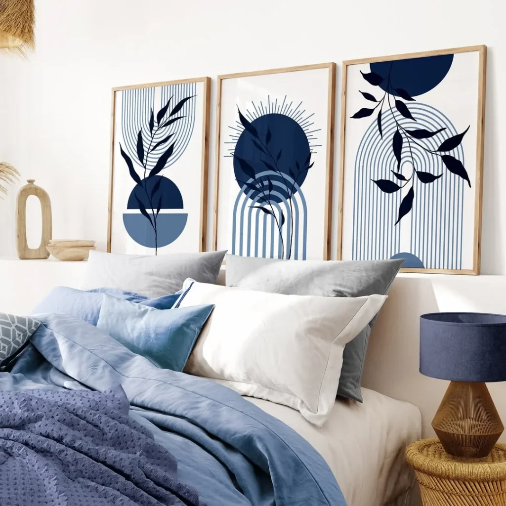 Minimal Blue Bedroom with Abstract Wall Art