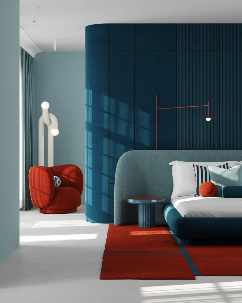 Modern Blue Bedroom with Bold Red Accents