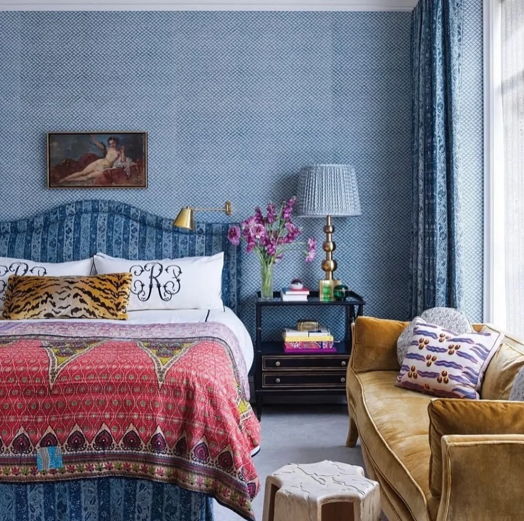 Pattern-Lover’s Blue Bedroom with Bold Textiles