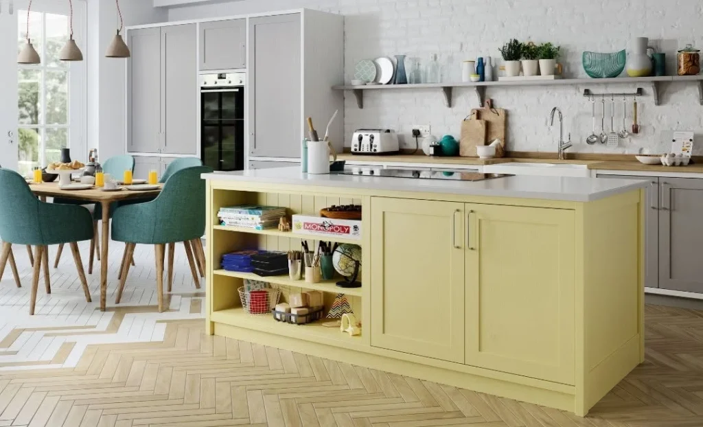 Playful Butter Yellow Island in a Family Kitchen