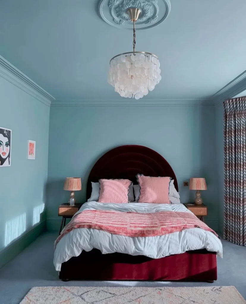 Sky Blue Bedroom with Velvet Burgundy Accent