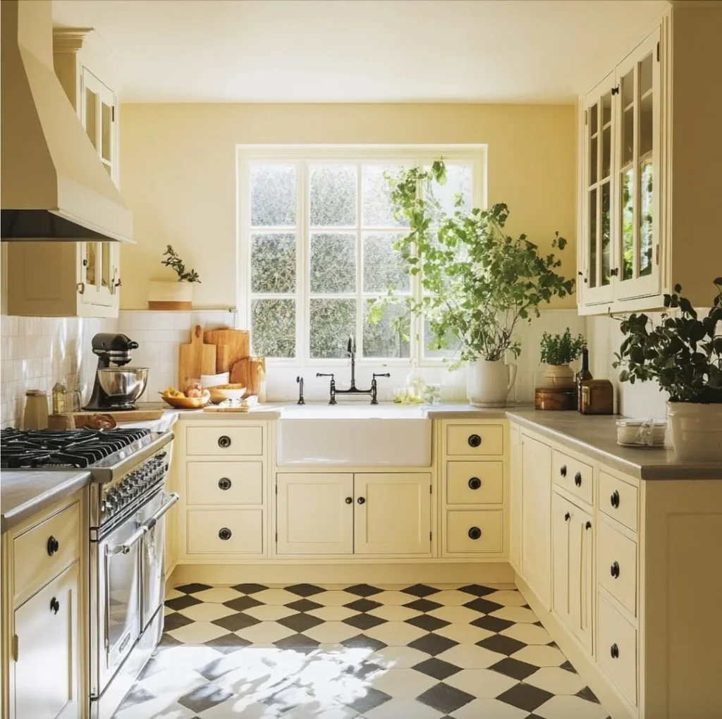 Sunshine-Flooded Yellow Kitchen with Checkerboard Floors