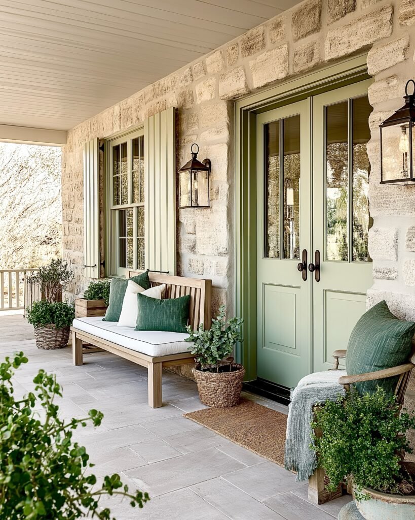 Pair Green Doors With Stone