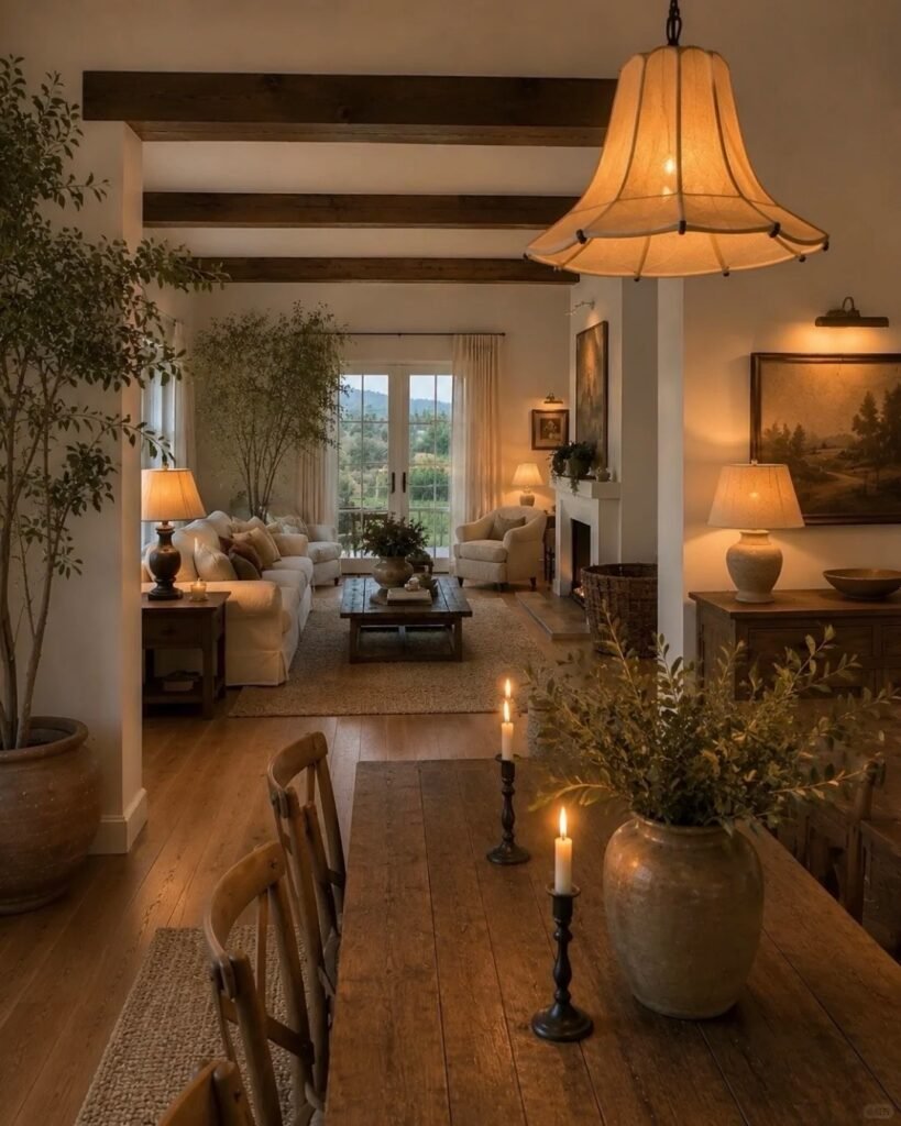 Warm Evening Farmhouse Lighting