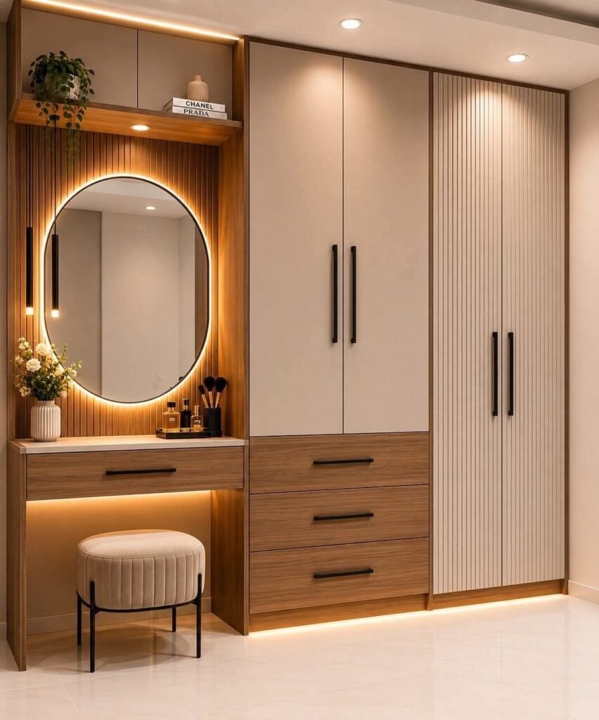 Warm Vanity Storage Wall