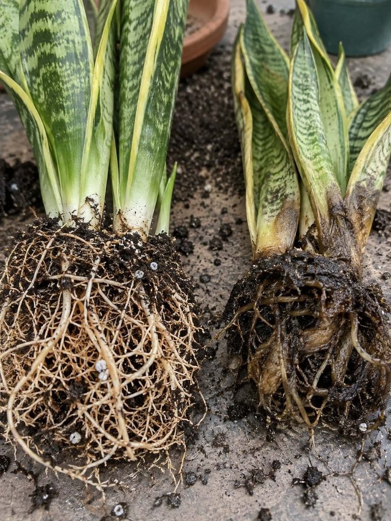 Healthy roots beside rotten roots