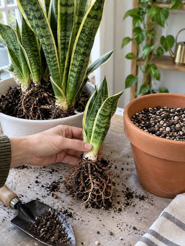 Separated snake plant pup with its own roots