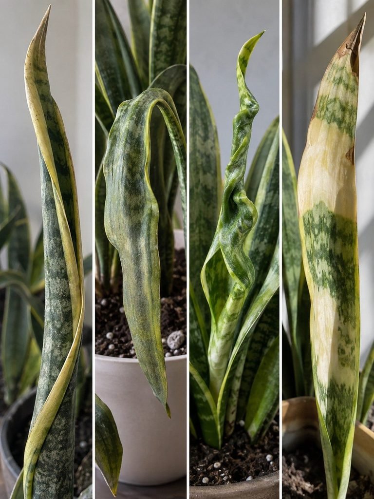 Snake plant curl patterns compared for diagnosis
