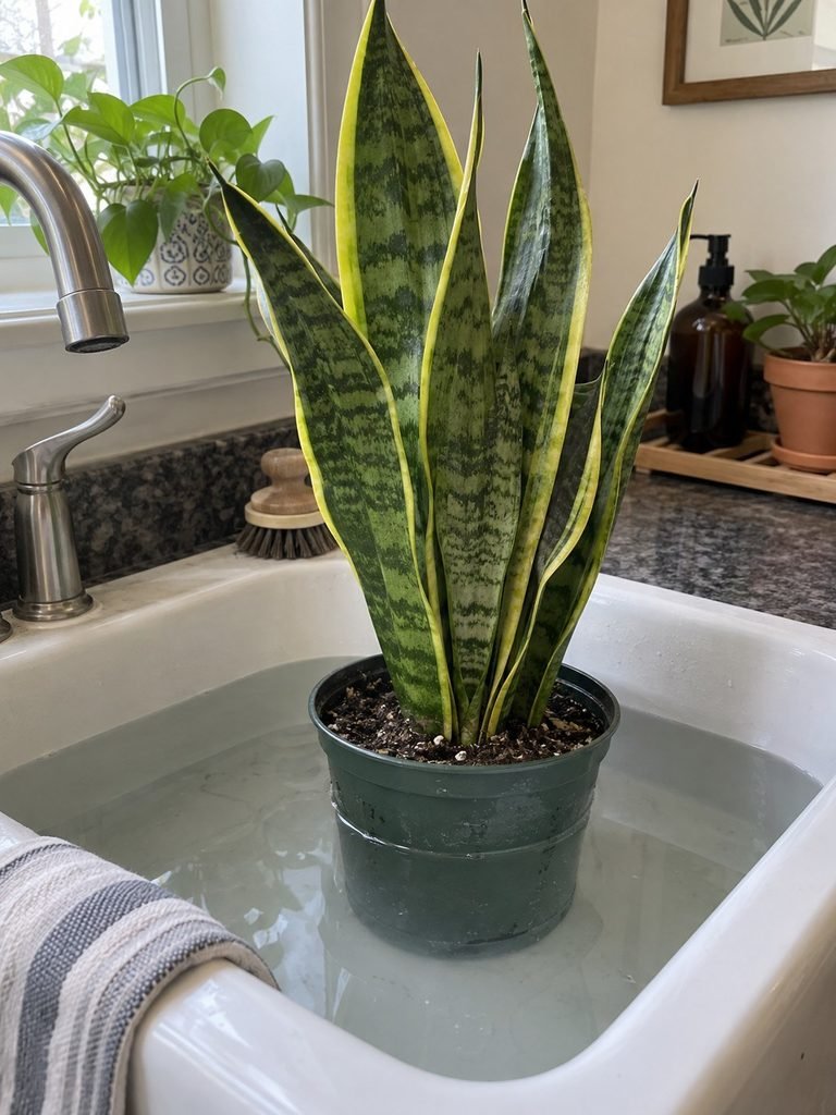 Snake plant pot soaking in basin