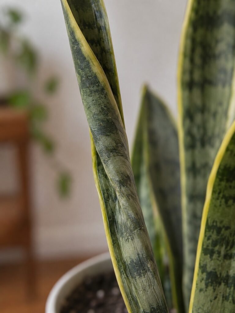Underwatered snake plant leaf rolled inward lengthwise